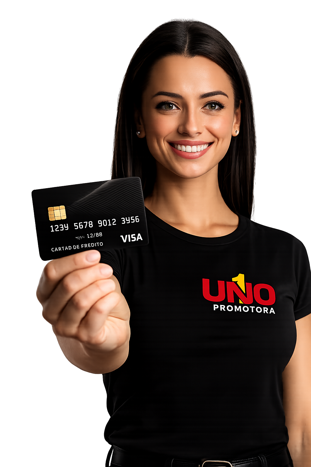 Especialista da UNO Promotora apresentando cartão de crédito